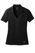 A black Nike ladies Dri-FIT vertical mesh polo shirt featuring a V-neck and a logo. A black Nike ladies Dri-FIT vertical mesh polo shirt featuring a V-neck and a logo.