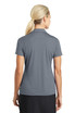 A grey Nike ladies Dri-FIT polo shirt, viewed from the back, featuring a collar and short sleeves. A grey Nike ladies Dri-FIT polo shirt, viewed from the back, featuring a collar and short sleeves.