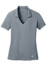 A grey Nike ladies' Dri-FIT vertical mesh polo shirt with a V-neck and short sleeves, featuring a logo. A grey Nike ladies' Dri-FIT vertical mesh polo shirt with a V-neck and short sleeves, featuring a logo.