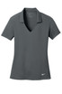 A grey Nike Ladies Dri-FIT Vertical Mesh Polo shirt with a V-neck and a logo on the front. A grey Nike Ladies Dri-FIT Vertical Mesh Polo shirt with a V-neck and a logo on the front.