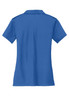A blue women's polo shirt with a collar and short sleeves, featuring a logo on the back. A blue women's polo shirt with a collar and short sleeves, featuring a logo on the back.