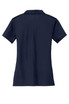 A navy blue ladies' polo shirt with short sleeves and a collar, featuring a logo on the chest. A navy blue ladies' polo shirt with short sleeves and a collar, featuring a logo on the chest.