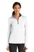 A white Nike Ladies Dri-FIT Stretch 1/2-Zip Cover-Up featuring long sleeves and a zippered collar, with a logo on it.
