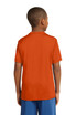 An orange youth t-shirt displayed from the back, featuring a simple design and short sleeves. An orange youth t-shirt displayed from the back, featuring a simple design and short sleeves.