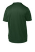 A dark green youth t-shirt featuring short sleeves and a smooth back design. It has a logo on the fabric. A dark green youth t-shirt featuring short sleeves and a smooth back design. It has a logo on the fabric.