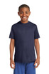 A young boy smiles while wearing a navy blue Sport-Tek Youth PosiCharge Competitor Tee. The shirt has a logo. A young boy smiles while wearing a navy blue Sport-Tek Youth PosiCharge Competitor Tee. The shirt has a logo.