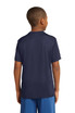 A navy blue youth t-shirt with a crew neckline and short sleeves, featuring a logo on the back. A navy blue youth t-shirt with a crew neckline and short sleeves, featuring a logo on the back.
