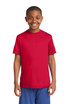 A red youth t-shirt with short sleeves, featuring a logo on the chest. A red youth t-shirt with short sleeves, featuring a logo on the chest.