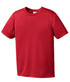 A red youth t-shirt featuring short sleeves and a simple design, with a logo on the front. A red youth t-shirt featuring short sleeves and a simple design, with a logo on the front.