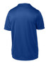 A blue youth T-shirt with short sleeves and a smooth fabric texture, featuring a logo on the back. A blue youth T-shirt with short sleeves and a smooth fabric texture, featuring a logo on the back.