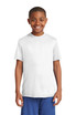 A youth t-shirt in white, featuring a simple design and short sleeves, with a logo on the front. A youth t-shirt in white, featuring a simple design and short sleeves, with a logo on the front.