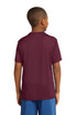 A maroon youth t-shirt featuring a logo on the back, styled with short sleeves. A maroon youth t-shirt featuring a logo on the back, styled with short sleeves.