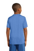 A blue youth t-shirt with a plain back, made from sports fabric, featuring a logo. A blue youth t-shirt with a plain back, made from sports fabric, featuring a logo.