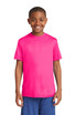 A youth t-shirt in bright pink fabric, featuring a round neckline and short sleeves, displayed on a smiling boy. A youth t-shirt in bright pink fabric, featuring a round neckline and short sleeves, displayed on a smiling boy.