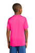 A bright pink youth t-shirt with a sporty design, featuring a logo on the back. A bright pink youth t-shirt with a sporty design, featuring a logo on the back.