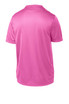 A bright pink youth t-shirt with a smooth finish, featuring a logo on the back. A bright pink youth t-shirt with a smooth finish, featuring a logo on the back.