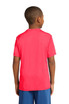 A youth short-sleeve T-shirt in vibrant pink, featuring a smooth fabric and a back view. A youth short-sleeve T-shirt in vibrant pink, featuring a smooth fabric and a back view.