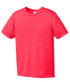 A bright red youth t-shirt with short sleeves, featuring a logo on the front. A bright red youth t-shirt with short sleeves, featuring a logo on the front.