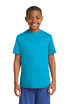 A youth t-shirt in vibrant teal, featuring a logo, with a round neck and short sleeves. A youth t-shirt in vibrant teal, featuring a logo, with a round neck and short sleeves.