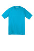 A bright teal youth t-shirt with short sleeves and a crew neck, featuring a branding logo. A bright teal youth t-shirt with short sleeves and a crew neck, featuring a branding logo.