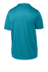 A turquoise youth t-shirt featuring a smooth finish and short sleeves, with a logo on the back. A turquoise youth t-shirt featuring a smooth finish and short sleeves, with a logo on the back.