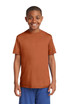 A boy models a short-sleeved, rust-coloured Sport-Tek youth t-shirt with a logo on the front. A boy models a short-sleeved, rust-coloured Sport-Tek youth t-shirt with a logo on the front.