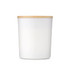 A large white glass candle with a bamboo lid, designed for home and living decor.