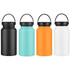A drink bottle collection featuring black, teal, orange, and white colours, each with a black lid and handle.