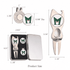 A golf divot tool gift set featuring a silver tool, two markers, and a metal case, all with a logo in green and white.