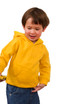 A toddler wearing a bright yellow fleece hoodie with a front pocket, set against a white background.