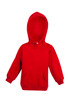 A red baby fleece hoodie with a front pocket and a hood, featuring a branding logo.