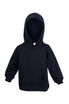 A navy baby fleece hoodie featuring a front pocket and a hood, with a label and no visible branding.