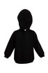 A black baby fleece hoodie with a hood and a front pocket, featuring a logo on the design.