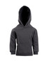 A grey baby fleece hoodie with a front pocket and an adjustable hood.