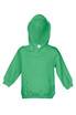 A green baby fleece hoodie with a front pocket and a hood. The product features a branding logo.