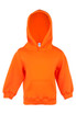 An orange baby fleece hoodie with a front pocket and a hood, featuring a logo.