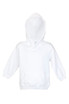 A white baby fleece hoodie featuring a front pocket and a hood, with a logo on the garment.