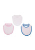 Three baby bibs in white, pink, and blue, featuring contrasting edges and a logo on each.