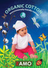 A baby model wearing a light pink bib and hat, surrounded by greenery, cotton plants, and colourful butterflies.