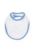 A white bib with light blue trim and an opening for the head. It features a logo in one corner.