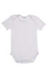 A white baby short sleeve romper with snap closures at the bottom and a smooth, soft fabric. A white baby short sleeve romper with snap closures at the bottom and a smooth, soft fabric.
