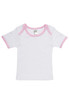 A white baby short sleeve tee with pink trim, featuring a tag inside and no visible branding. A white baby short sleeve tee with pink trim, featuring a tag inside and no visible branding.