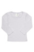 A white long-sleeve T-shirt for babies, featuring a round neckline and a label.