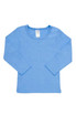 A blue long-sleeve T-shirt for babies with a round neckline and long sleeves. It features a tag inside.
