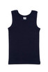 A navy blue baby singlet with no sleeves and a plain design, featuring a label inside. A navy blue baby singlet with no sleeves and a plain design, featuring a label inside.