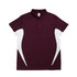 A maroon polo shirt with white accents and a collar, featuring a logo on the chest. A maroon polo shirt with white accents and a collar, featuring a logo on the chest.