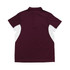A maroon polyester polo shirt featuring white side panels and a collar, with a logo on the chest. A maroon polyester polo shirt featuring white side panels and a collar, with a logo on the chest.