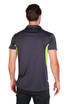 A men's polo shirt in dark grey with vibrant green accents and a logo on the back.