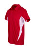 A red polyester polo shirt with white accents and a logo on the chest area. It features a classic collar and short sleeves. A red polyester polo shirt with white accents and a logo on the chest area. It features a classic collar and short sleeves.