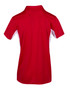 A red polyester polo shirt with white side panels and a collar, featuring a logo on the back. A red polyester polo shirt with white side panels and a collar, featuring a logo on the back.
